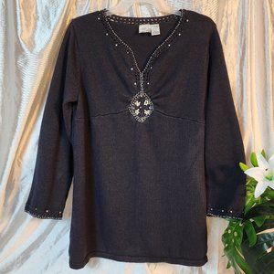 Black Roaman's Pearl & Rhinestone Embellished Embroidered Sweater sz M/L